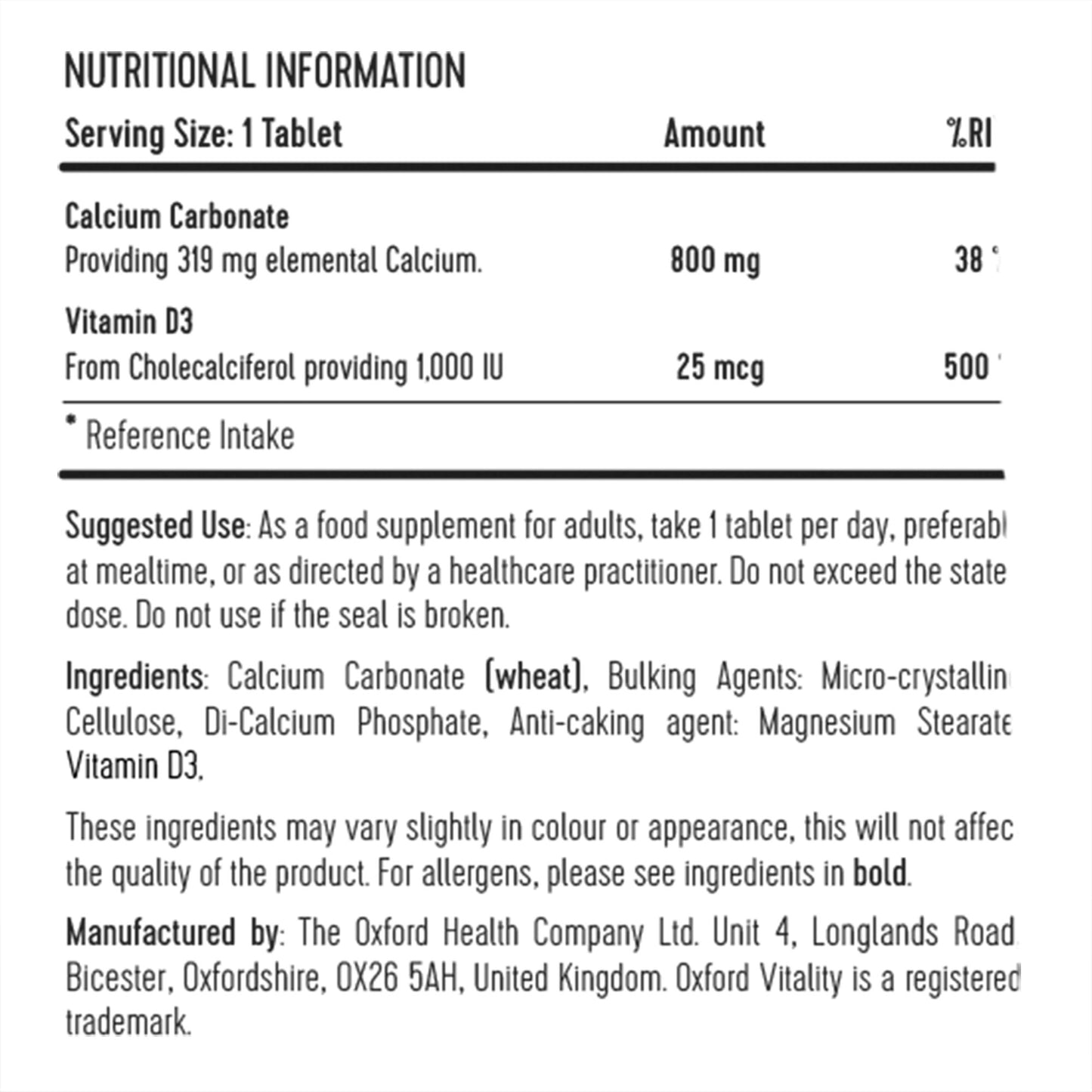 Calcium Carbonate 800mg & Vitamin D3 1000IU 60 Tablets