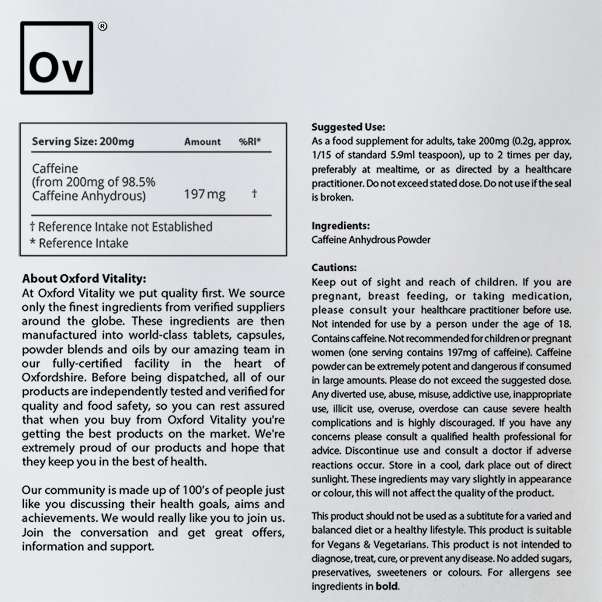 Caffeine In Pure Form Caffeine Powder | Buy Pure Caffeine Powder | Oxford Vitality